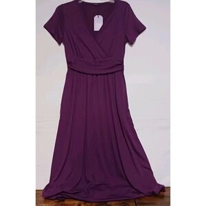 Gracyoga Women Purple Knit Maxi Dress Sz S Short Sleeve  V neck side pockets NWT